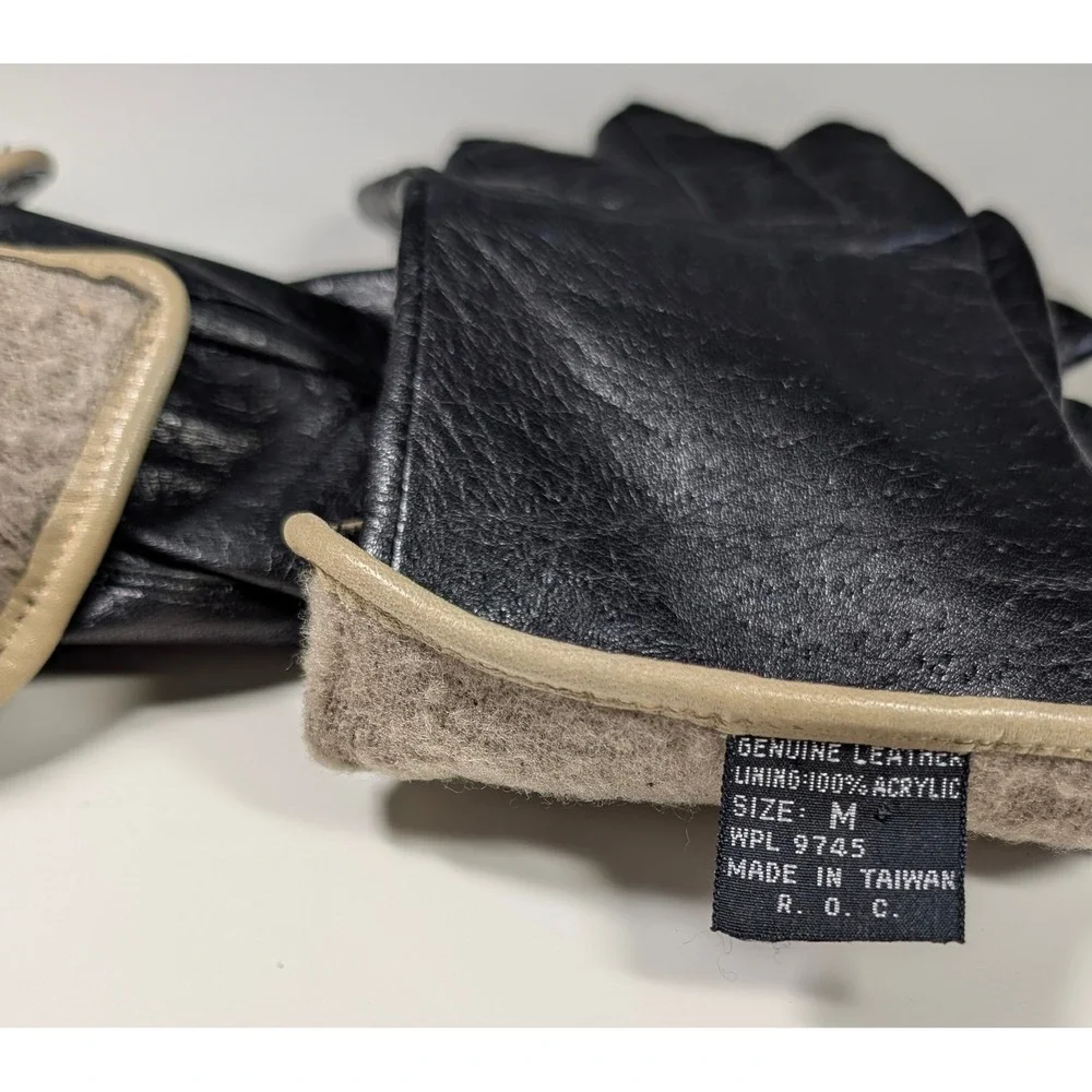 Womens Black Vintage Leather Gloves Tan Trim Acrylic Lined Size M WPL 9745‎